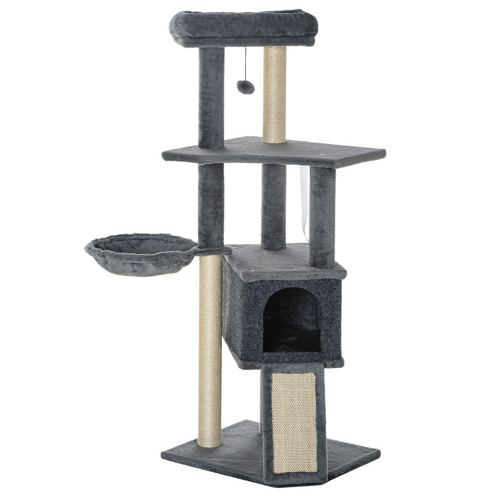 Pawhut árbol rascador para gatos, árbol para gatos 127 cm, torre escalador con cueva, hamaca, cama, plataformas, rampa de sisal, bola colgante, gris