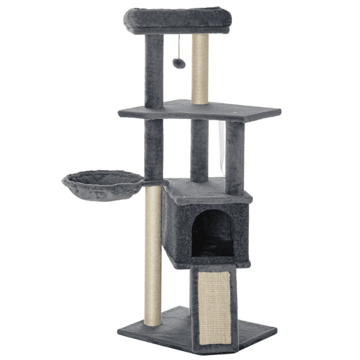 PawHut Arranhador para Gatos 127 cm Torre Escalador com Caverna Rede Cama Plataformas Rampa de Sisal Bola Pendurada Cinza