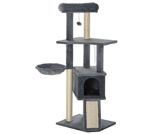 Pawhut árbol rascador para gatos, árbol para gatos 127 cm, torre escalador con cueva, hamaca, cama, plataformas, rampa de sisal, bola colgante, gris