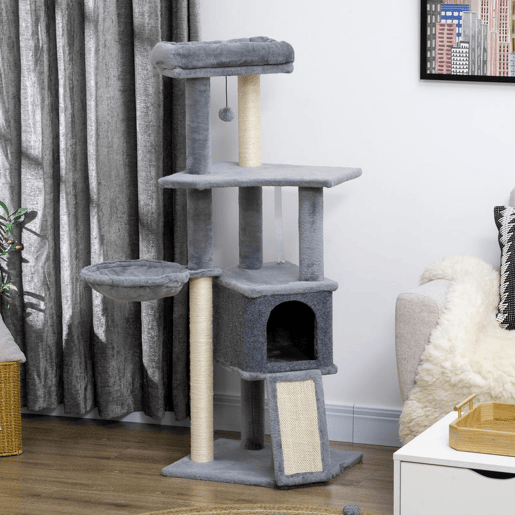 PawHut Arranhador para Gatos 127 cm Torre Escalador com Caverna Rede Cama Plataformas Rampa de Sisal Bola Pendurada Cinza