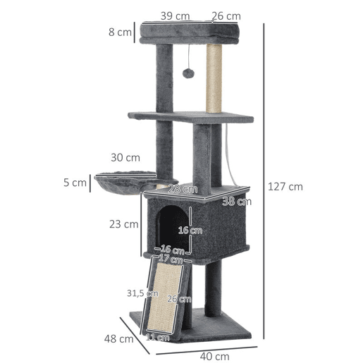 PawHut Arranhador para Gatos 127 cm Torre Escalador com Caverna Rede Cama Plataformas Rampa de Sisal Bola Pendurada Cinza