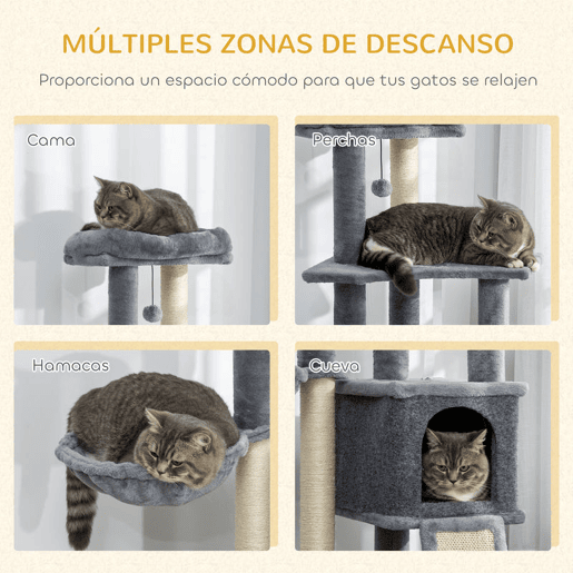 PawHut Arranhador para Gatos 127 cm Torre Escalador com Caverna Rede Cama Plataformas Rampa de Sisal Bola Pendurada Cinza