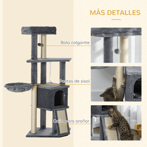 PawHut Arranhador para Gatos 127 cm Torre Escalador com Caverna Rede Cama Plataformas Rampa de Sisal Bola Pendurada Cinza