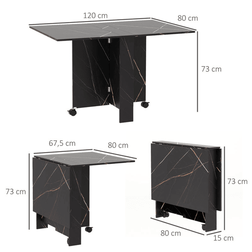 HOMCOM Mesa de Sala de Jantar Dobrável com Rodas Mesa Multifuncional para Sala de Jantar com 3 Formas 120x80x73cm Preto