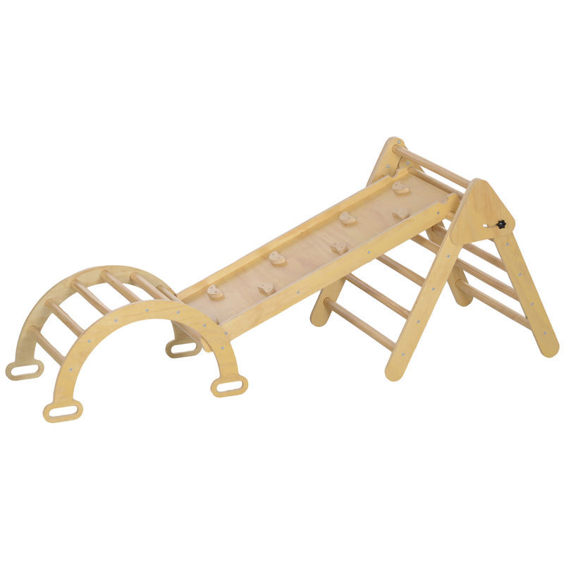 Aiyaplay 5 en 1 triángulo de escalada montessori con arco y rampa, escalada para niños de madera plegable, para 18-48 meses, para deslizarse o escalar, 178x64,5 cm, madera natural