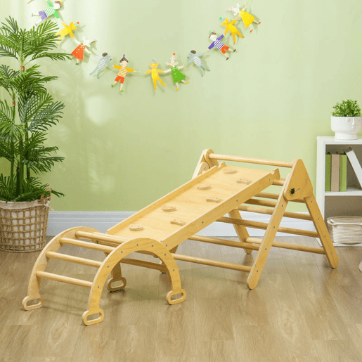 AIYAPLAY Triângulo de Escalada de Madeira 5 em 1 Escada para Crianças de 18-48 Meses com Rampa e Arco de Escalada para Deslizar ou Escalar 178x64,5x63 cm Madeira