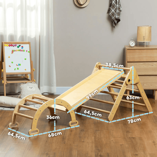 AIYAPLAY Triângulo de Escalada de Madeira 5 em 1 Escada para Crianças de 18-48 Meses com Rampa e Arco de Escalada para Deslizar ou Escalar 178x64,5x63 cm Madeira