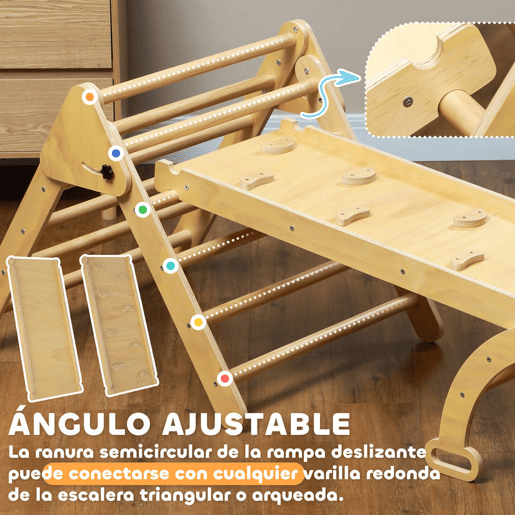 AIYAPLAY Triângulo de Escalada de Madeira 5 em 1 Escada para Crianças de 18-48 Meses com Rampa e Arco de Escalada para Deslizar ou Escalar 178x64,5x63 cm Madeira