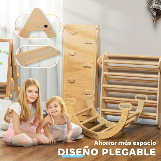 AIYAPLAY Triângulo de Escalada de Madeira 5 em 1 Escada para Crianças de 18-48 Meses com Rampa e Arco de Escalada para Deslizar ou Escalar 178x64,5x63 cm Madeira