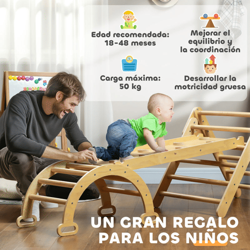 AIYAPLAY Triângulo de Escalada de Madeira 5 em 1 Escada para Crianças de 18-48 Meses com Rampa e Arco de Escalada para Deslizar ou Escalar 178x64,5x63 cm Madeira