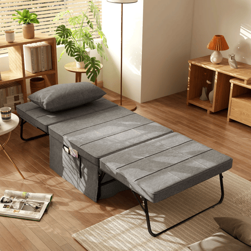 HOMCOM Sofá Cama 4 em 1 Poltrona Cama Desdobrável Estofado em Linho com Encosto Ajustável em 5 Níveis e Almofada Acolchoada para Escritório, Quarto Sala 75x80x74 cm Cinza