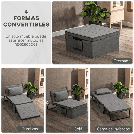 HOMCOM Sofá Cama 4 em 1 Poltrona Cama Desdobrável Estofado em Linho com Encosto Ajustável em 5 Níveis e Almofada Acolchoada para Escritório, Quarto Sala 75x80x74 cm Cinza
