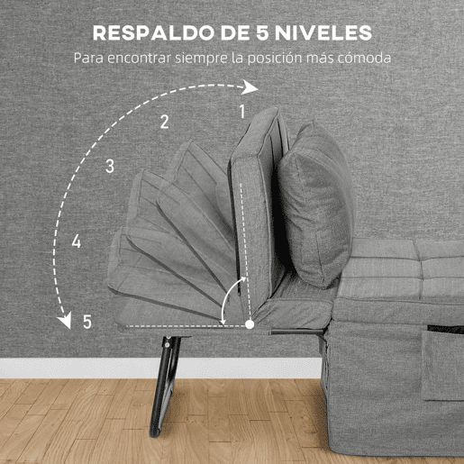 HOMCOM Sofá Cama 4 em 1 Poltrona Cama Desdobrável Estofado em Linho com Encosto Ajustável em 5 Níveis e Almofada Acolchoada para Escritório, Quarto Sala 75x80x74 cm Cinza
