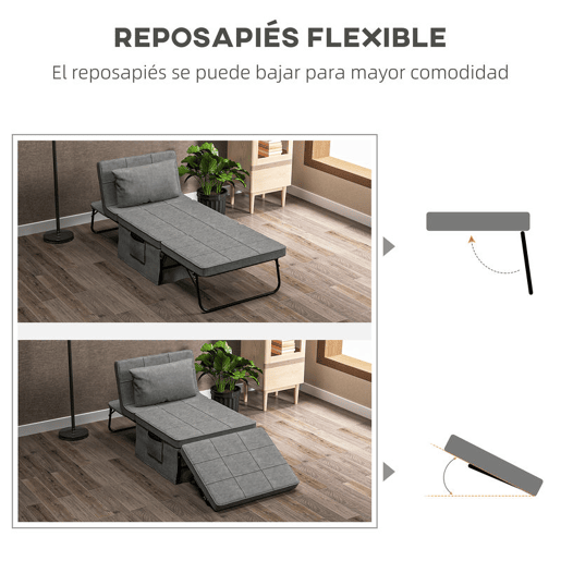 HOMCOM Sofá Cama 4 em 1 Poltrona Cama Desdobrável Estofado em Linho com Encosto Ajustável em 5 Níveis e Almofada Acolchoada para Escritório, Quarto Sala 75x80x74 cm Cinza