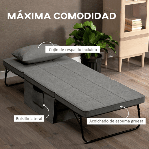 HOMCOM Sofá Cama 4 em 1 Poltrona Cama Desdobrável Estofado em Linho com Encosto Ajustável em 5 Níveis e Almofada Acolchoada para Escritório, Quarto Sala 75x80x74 cm Cinza
