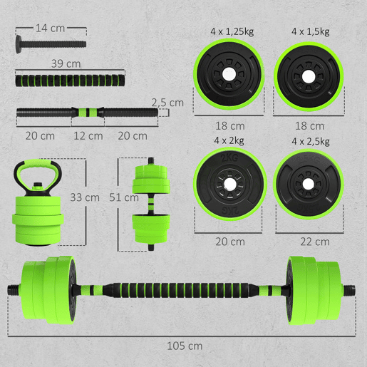 SPORTNOW Conjunto de Halteres 30 kg 4 em 1 Conjunto de Pesos com Kettlebell Barra de Pesos para Treino de Força em Casa Ginásio Escritório Verde
