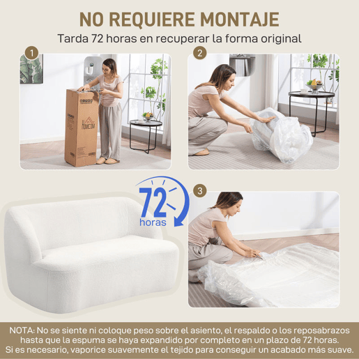 HOMCOM Sofá de 2 Lugares Estofado em Borreguito Sofá de Sala de Estar de 142 cm com Design Curvo e Acolchoamento Grosso Sem Necessidade de Montagem para Quarto Sala de Estar ou Escritório 142x85x73,5 cm Creme