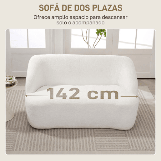 HOMCOM Sofá de 2 Lugares Estofado em Borreguito Sofá de Sala de Estar de 142 cm com Design Curvo e Acolchoamento Grosso Sem Necessidade de Montagem para Quarto Sala de Estar ou Escritório 142x85x73,5 cm Creme
