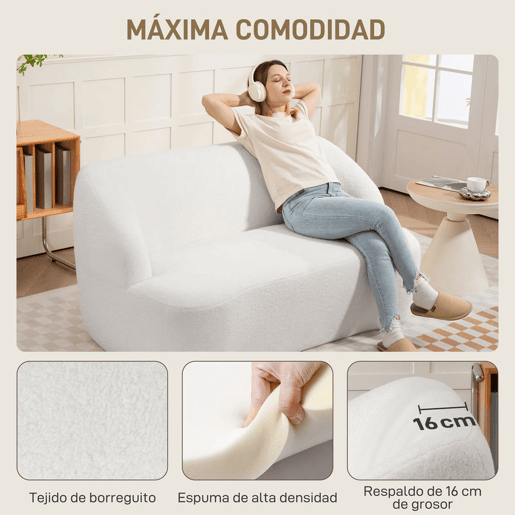 HOMCOM Sofá de 2 Lugares Estofado em Borreguito Sofá de Sala de Estar de 142 cm com Design Curvo e Acolchoamento Grosso Sem Necessidade de Montagem para Quarto Sala de Estar ou Escritório 142x85x73,5 cm Creme