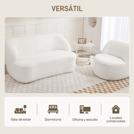 HOMCOM Sofá de 2 Lugares Estofado em Borreguito Sofá de Sala de Estar de 142 cm com Design Curvo e Acolchoamento Grosso Sem Necessidade de Montagem para Quarto Sala de Estar ou Escritório 142x85x73,5 cm Creme