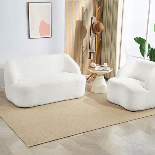 HOMCOM Sofá de 2 Lugares Estofado em Borreguito Sofá de Sala de Estar de 142 cm com Design Curvo e Acolchoamento Grosso Sem Necessidade de Montagem para Quarto Sala de Estar ou Escritório 142x85x73,5 cm Creme