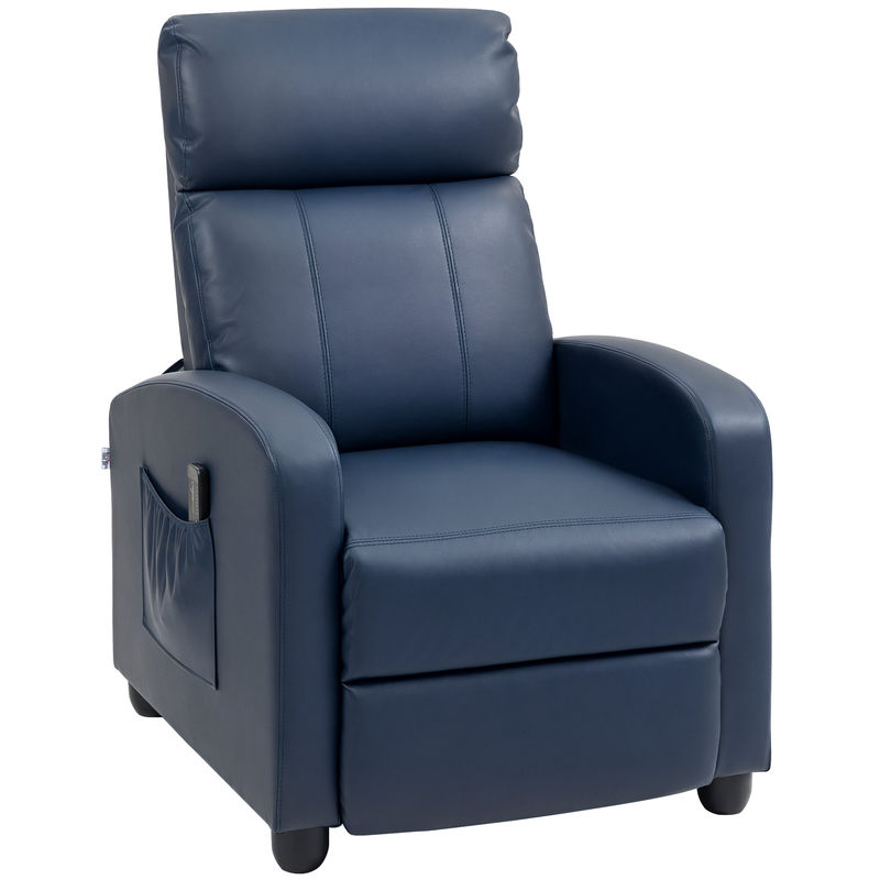 Homcom sillón de masaje, sillón relax reclinable con mando a distancia, 2 zonas de masaje, 8 programas, 5 niveles de intensidad, bolsillo lateral y temporizador tapizado en pu 68x88x98 cm azul oscuro