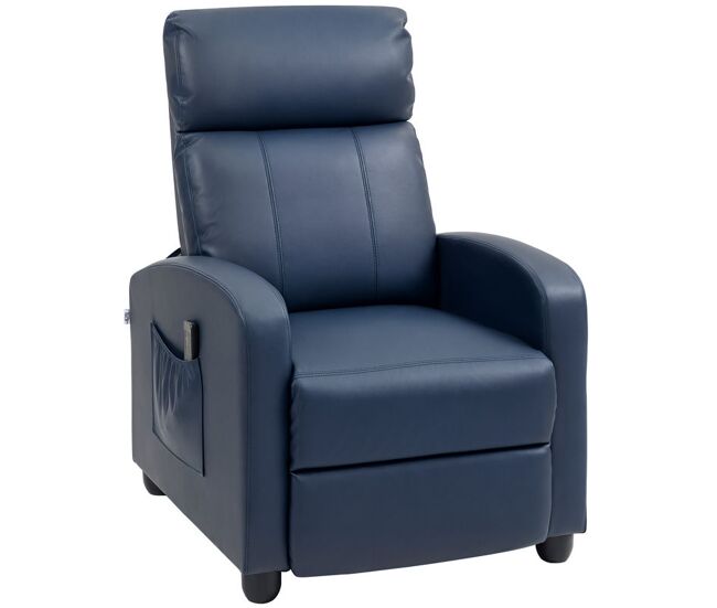 Homcom sillón de masaje, sillón relax reclinable con mando a distancia, 2 zonas de masaje, 8 programas, 5 niveles de intensidad, bolsillo lateral y temporizador tapizado en pu 68x88x98 cm azul oscuro