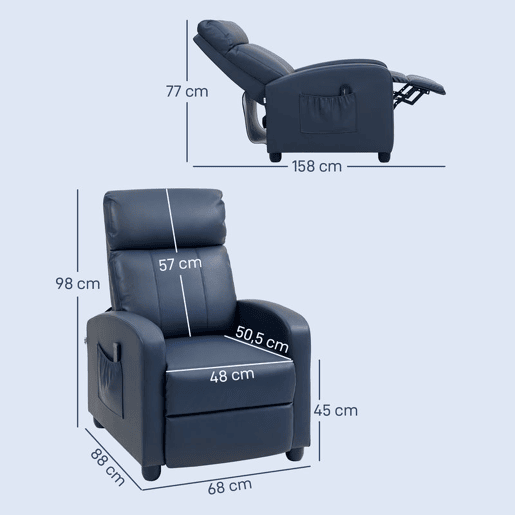 HOMCOM Poltrona de Massagem Poltrona Relax Reclinável com 2 Zonas de Massagem 8 Programas 5 Níveis de Intensidade e Controlo Remoto Estofada em PU 68x88x98 cm Azul Escuro HOMCOM Poltrona de Massagem Poltrona Relax Reclinável com 2 Zonas de Massagem 8 Programas 5 Níveis de Intensidade e Controlo Remoto Estofada em PU 68x88x98 cm Azul Escuro