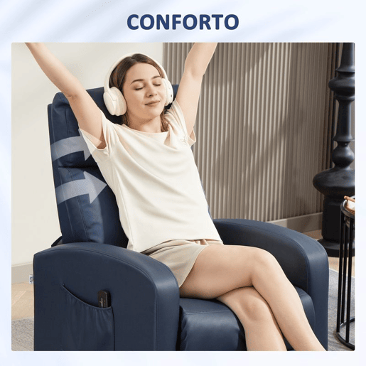 HOMCOM Poltrona de Massagem Poltrona Relax Reclinável com 2 Zonas de Massagem 8 Programas 5 Níveis de Intensidade e Controlo Remoto Estofada em PU 68x88x98 cm Azul Escuro HOMCOM Poltrona de Massagem Poltrona Relax Reclinável com 2 Zonas de Massagem 8 Programas 5 Níveis de Intensidade e Controlo Remoto Estofada em PU 68x88x98 cm Azul Escuro