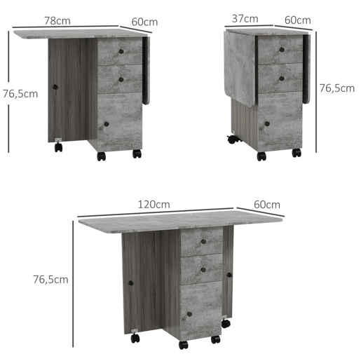 HOMCOM Mesa de Refeição Dobrável com Rodas Mesa Abatível com 2 Gavetas e Armário Mesa Auxiliar Multifuncional para Estúdio Cozinha 120x60x76,5 cm Cinza HOMCOM Mesa de Refeição Dobrável com Rodas Mesa Abatível com 2 Gavetas e Armário Mesa Auxiliar Multifuncional para Estúdio Cozinha 120x60x76,5 cm Cinza