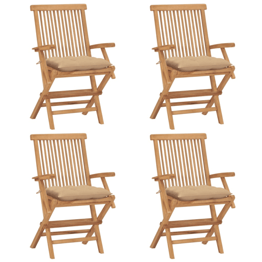 Cadeiras de jardim - Cadeiras de exterior c almofadões beges 4 pcs teca maciça