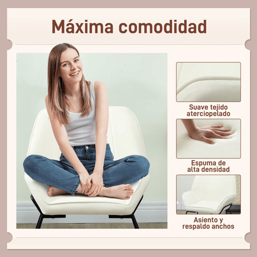 HOMCOM Poltrona Sala de Estar Moderna Poltrona de Leitura com Assento Largo e Acolchoado Estofada em Veludo Pés de Metal Poltrona para Dormitório 70x67,5x87 cm Creme