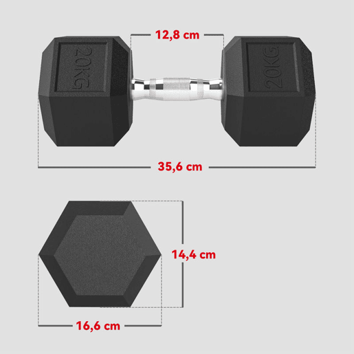 HOMCOM Haltere Hexagonal 20 kg de Ferro Fundido Haltere de Metal Revestido de Borracha com Cabo para Treino em Casa Ginásio e Escritório Preto e Prata