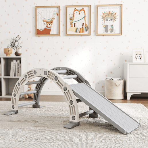 AIYAPLAY Brinquedo de Escalada para Crianças 4 em 1 com Arco de Escalada Baloiço Rampa e Escorrega Brinquedo de Plástico para Crianças de 18-48 Meses para Interior e Exterior Cinza e Branco