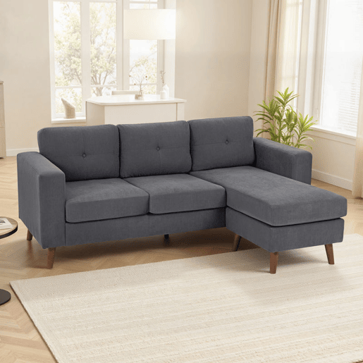 HOMCOM Sofá Chaise Longue Reversível Sofá de Canto em Forma de L de 3 Lugares Estofado em Veludo Cotelê Estrutura de Aço para Espaços Reduzidos Sala 192x137x84 cm Cinzento Escuro