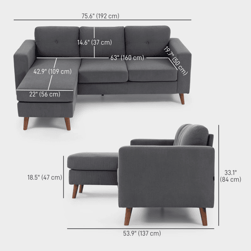 HOMCOM Sofá Chaise Longue Reversível Sofá de Canto em Forma de L de 3 Lugares Estofado em Veludo Cotelê Estrutura de Aço para Espaços Reduzidos Sala 192x137x84 cm Cinzento Escuro