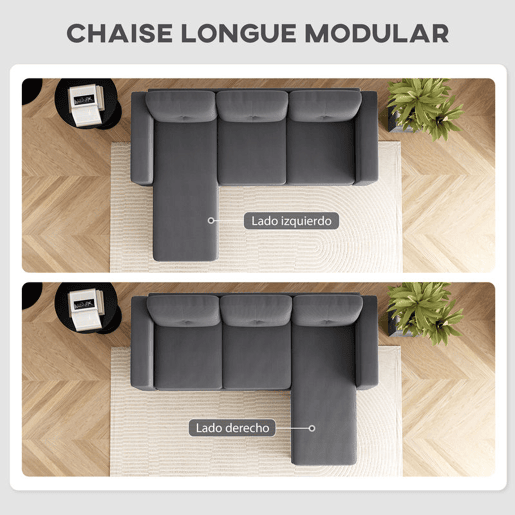 HOMCOM Sofá Chaise Longue Reversível Sofá de Canto em Forma de L de 3 Lugares Estofado em Veludo Cotelê Estrutura de Aço para Espaços Reduzidos Sala 192x137x84 cm Cinzento Escuro