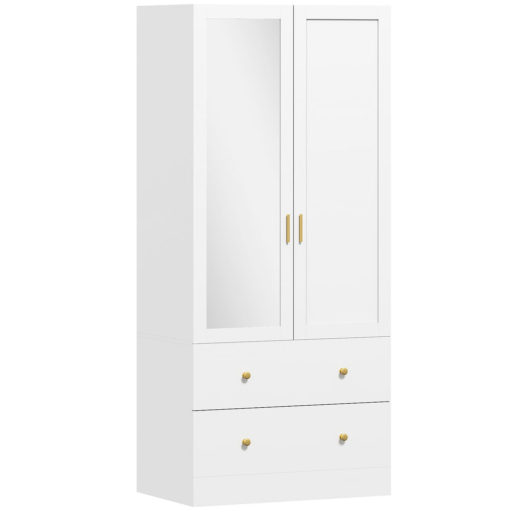 Homcom armario dormitorio 2 puertas y 2 cajones, armario ropero con espejo, barra para colgar, estilo moderno, 80x50x180 cm, blanco