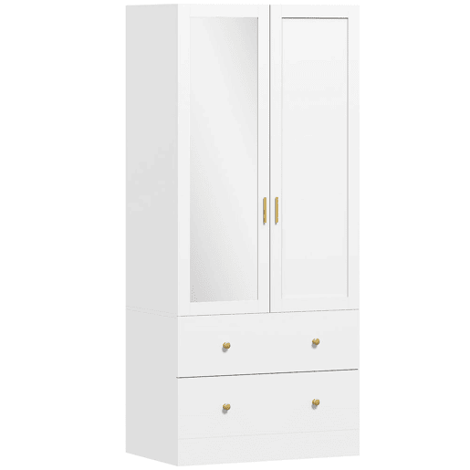 HOMCOM Roupeiro com 2 Portas e 2 Gavetas Armário Roupeiro com Espelho Barra para Pendurar Estilo Moderno 80x50x180 cm Branco