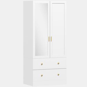 HOMCOM Roupeiro com 2 Portas e 2 Gavetas Armário Roupeiro com Espelho Barra para Pendurar Estilo Moderno 80x50x180 cm Branco