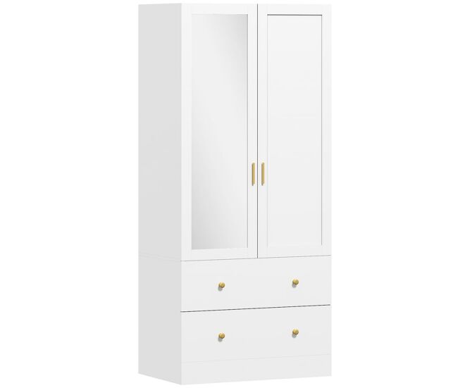 Homcom armario dormitorio 2 puertas y 2 cajones, armario ropero con espejo, barra para colgar, estilo moderno, 80x50x180 cm, blanco