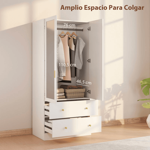 HOMCOM Roupeiro com 2 Portas e 2 Gavetas Armário Roupeiro com Espelho Barra para Pendurar Estilo Moderno 80x50x180 cm Branco
