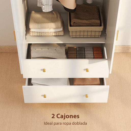 HOMCOM Roupeiro com 2 Portas e 2 Gavetas Armário Roupeiro com Espelho Barra para Pendurar Estilo Moderno 80x50x180 cm Branco