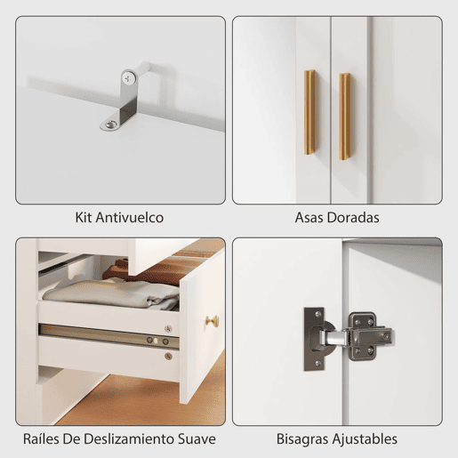 HOMCOM Roupeiro com 2 Portas e 2 Gavetas Armário Roupeiro com Espelho Barra para Pendurar Estilo Moderno 80x50x180 cm Branco