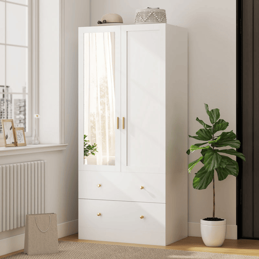 HOMCOM Roupeiro com 2 Portas e 2 Gavetas Armário Roupeiro com Espelho Barra para Pendurar Estilo Moderno 80x50x180 cm Branco