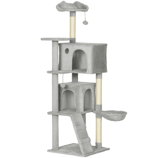 PawHut Arranhador para Gatos 160 cm Torre de Escalada com Múltiplas Plataformas Cama 2 Cavernas Rede Escada Postes de Sisal Bolas para Brincar Cinzento Claro