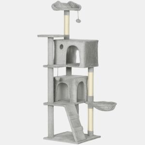 PawHut Arranhador para Gatos 160 cm Torre de Escalada com Múltiplas Plataformas Cama 2 Cavernas Rede Escada Postes de Sisal Bolas para Brincar Cinzento Claro