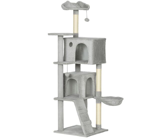 Pawhut árbol rascador para gatos, árbol para gatos 160 cm, torre escalador con múltiples plataformas, cama, 2 cuevas, hamaca, escalera, postes de sisal, bolas para jugar, gris claro