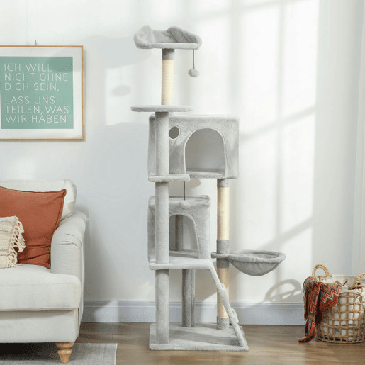 PawHut Arranhador para Gatos 160 cm Torre de Escalada com Múltiplas Plataformas Cama 2 Cavernas Rede Escada Postes de Sisal Bolas para Brincar Cinzento Claro