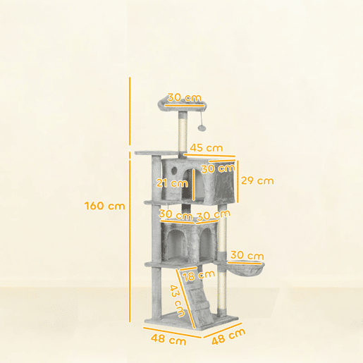 PawHut Arranhador para Gatos 160 cm Torre de Escalada com Múltiplas Plataformas Cama 2 Cavernas Rede Escada Postes de Sisal Bolas para Brincar Cinzento Claro
